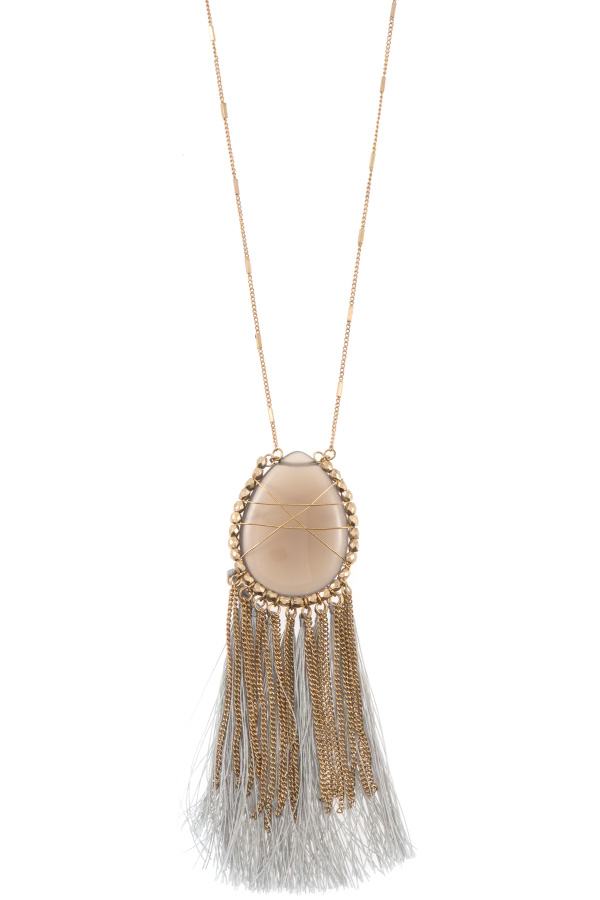 Elognated wrapped gem tassel pendant necklace - A&A Haute Spot