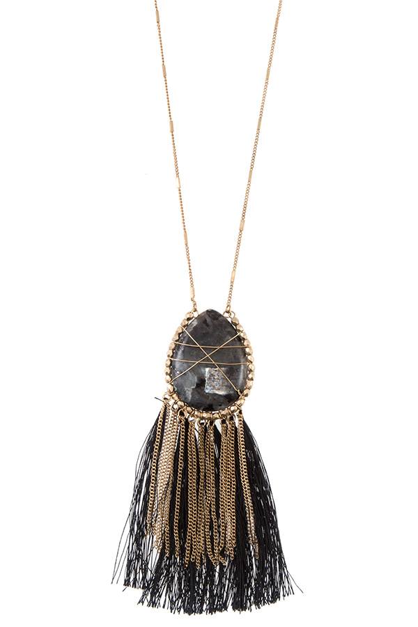 Elognated wrapped gem tassel pendant necklace - A&A Haute Spot