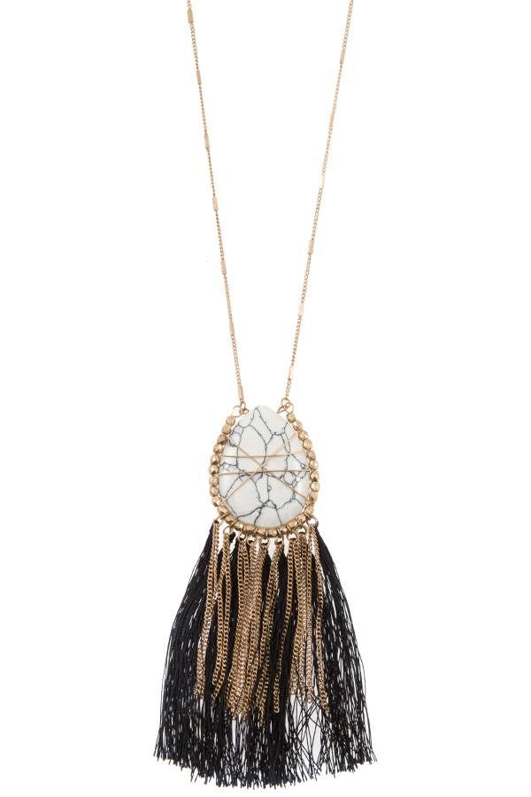 Elognated wrapped gem tassel pendant necklace - A&A Haute Spot