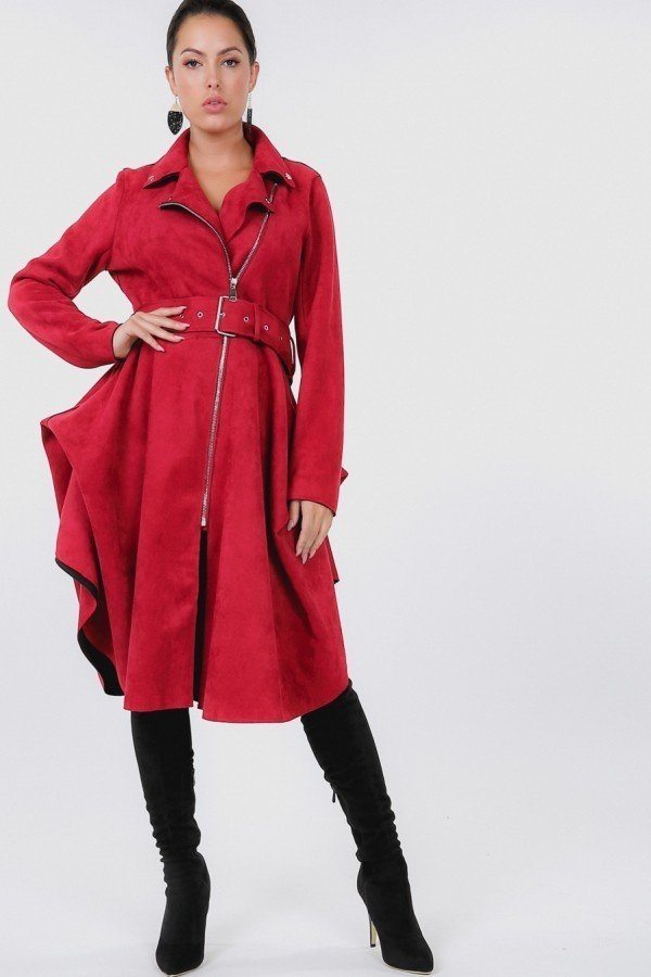 Waist Belt Tacked Faux Suede Coat - A&A Haute Spot