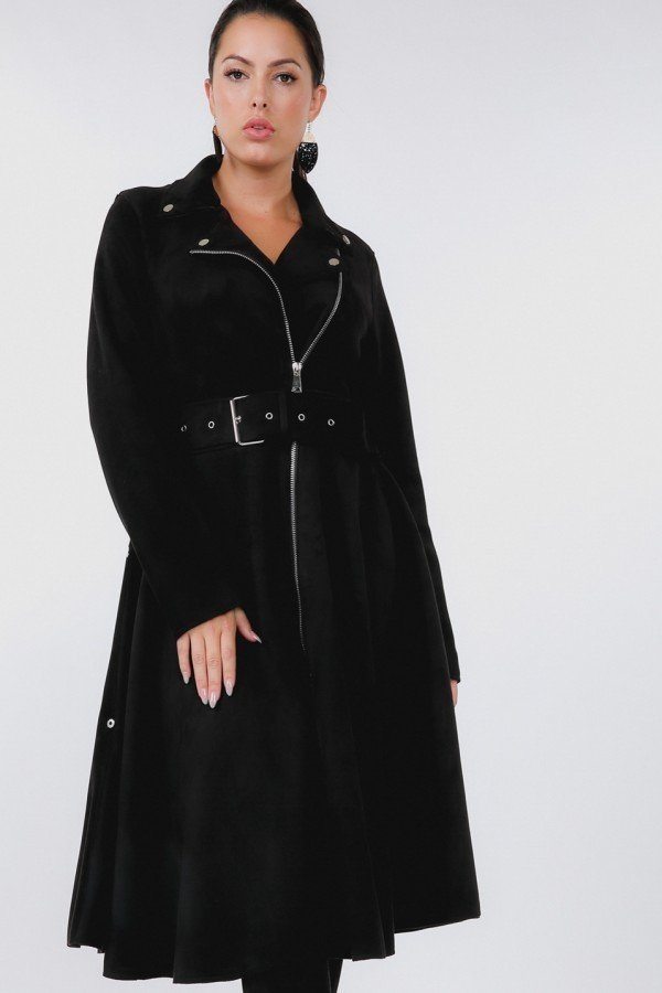 Waist Belt Tacked Faux Suede Coat - A&A Haute Spot