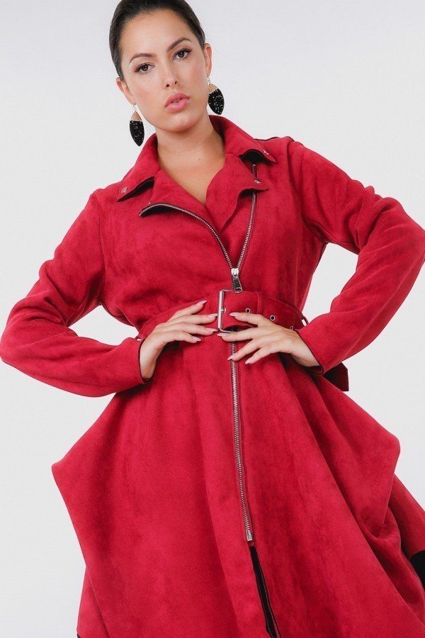 Waist Belt Tacked Faux Suede Coat - A&A Haute Spot