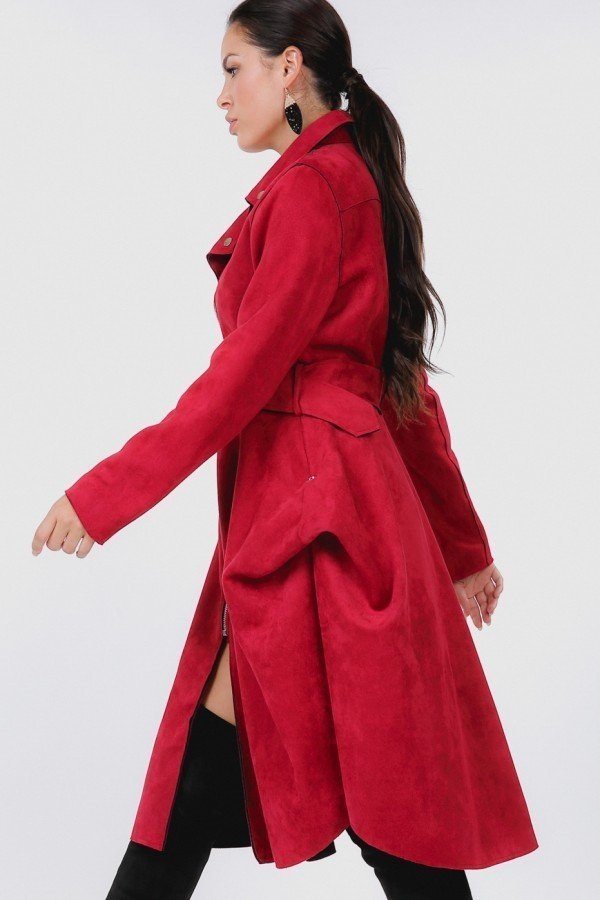 Waist Belt Tacked Faux Suede Coat - A&A Haute Spot