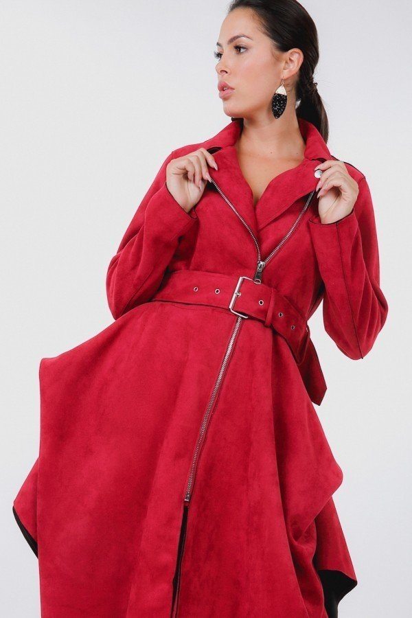 Waist Belt Tacked Faux Suede Coat - A&A Haute Spot