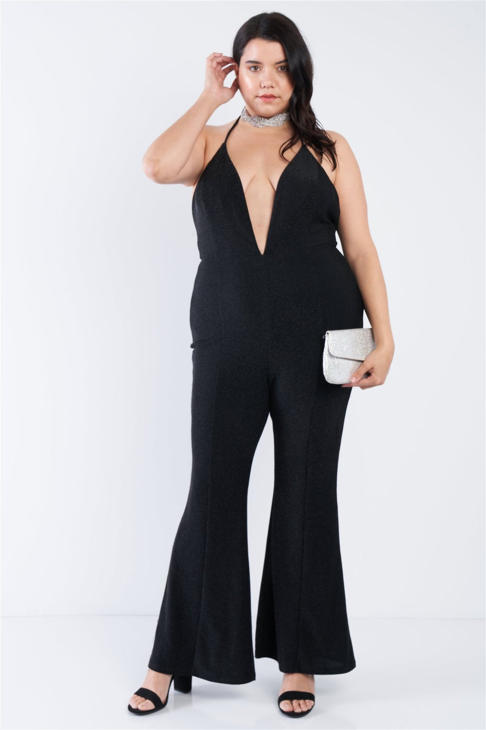 Plus Size Black Sequin Criss Cross Open Back Jumpsuit - A&A Haute Spot