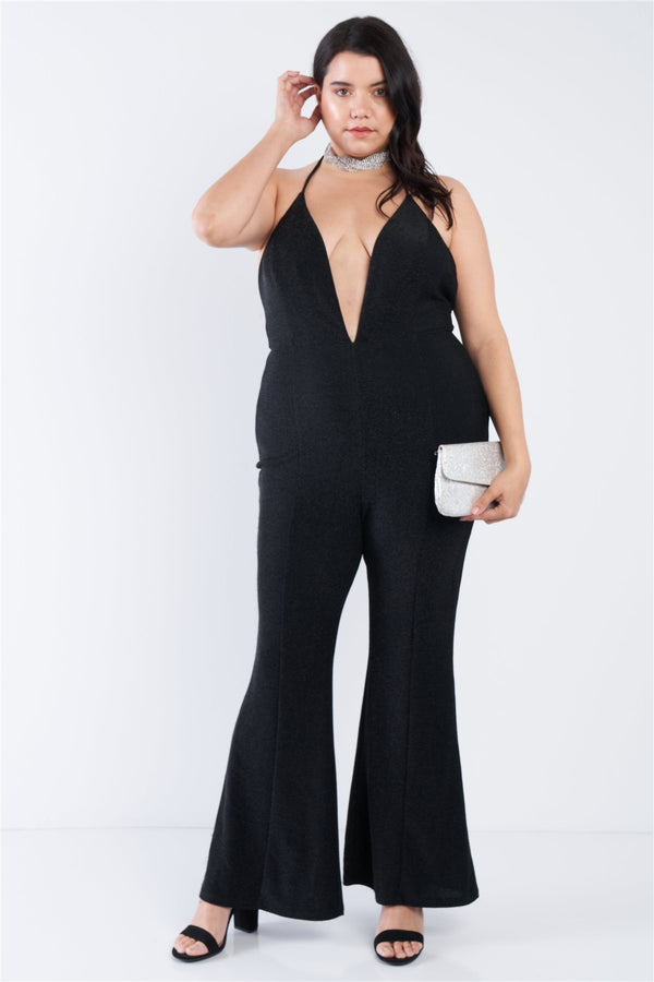 Plus Size Black Sequin Criss Cross Open Back Jumpsuit - A&A Haute Spot