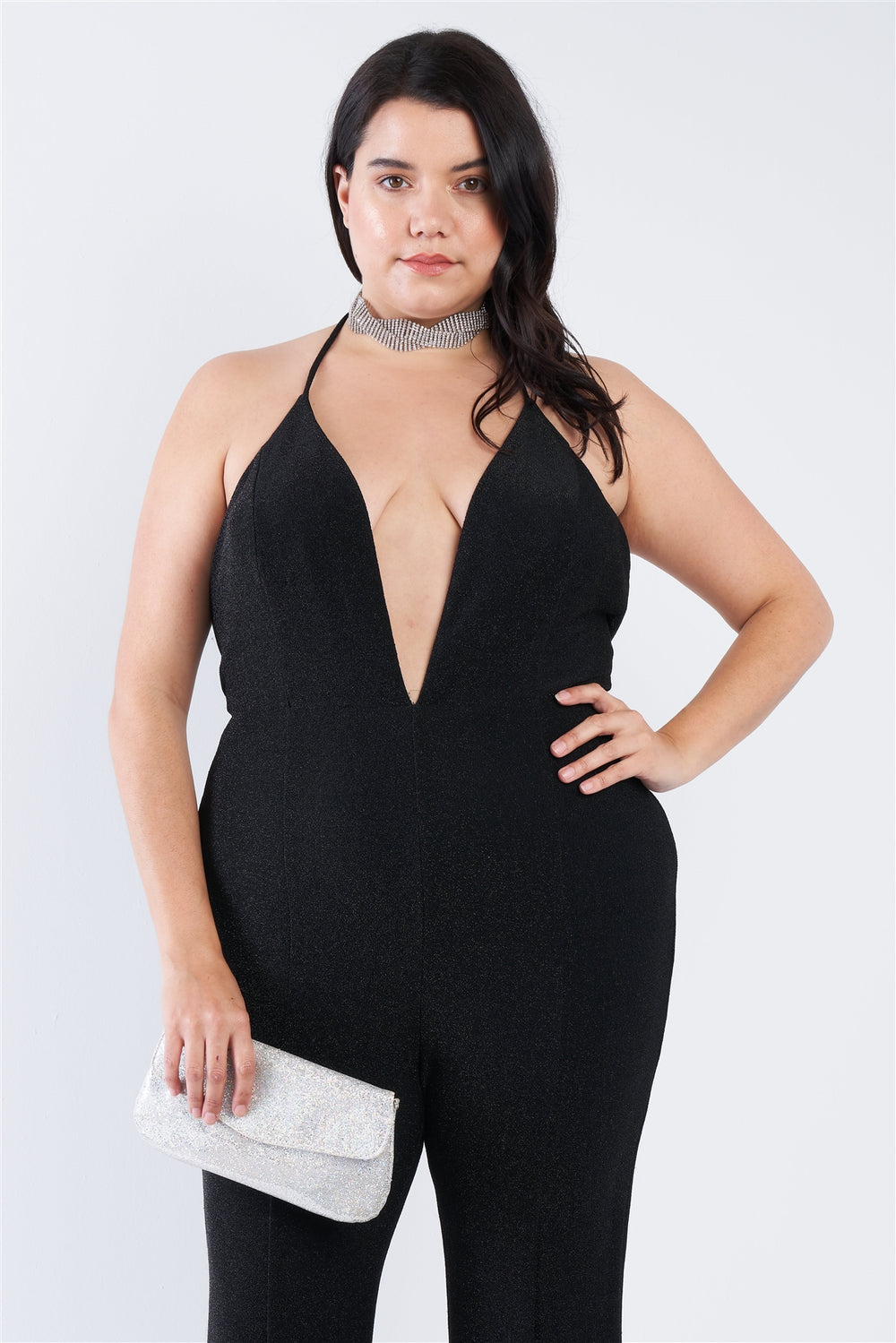 Plus Size Black Sequin Criss Cross Open Back Jumpsuit - A&A Haute Spot