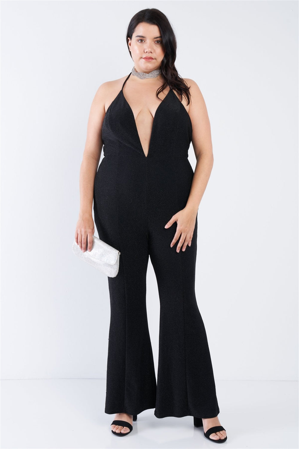 Plus Size Black Sequin Criss Cross Open Back Jumpsuit - A&A Haute Spot