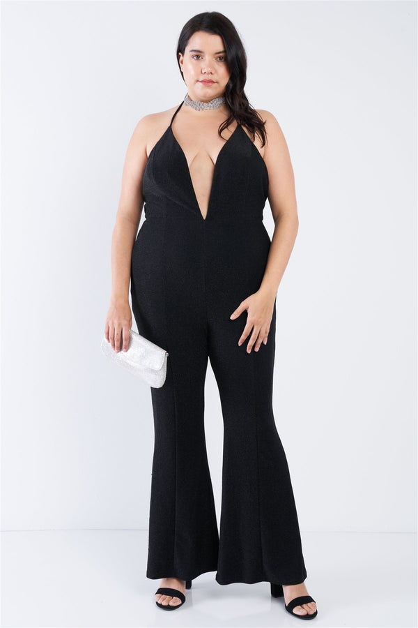 Plus Size Black Sequin Criss Cross Open Back Jumpsuit - A&A Haute Spot