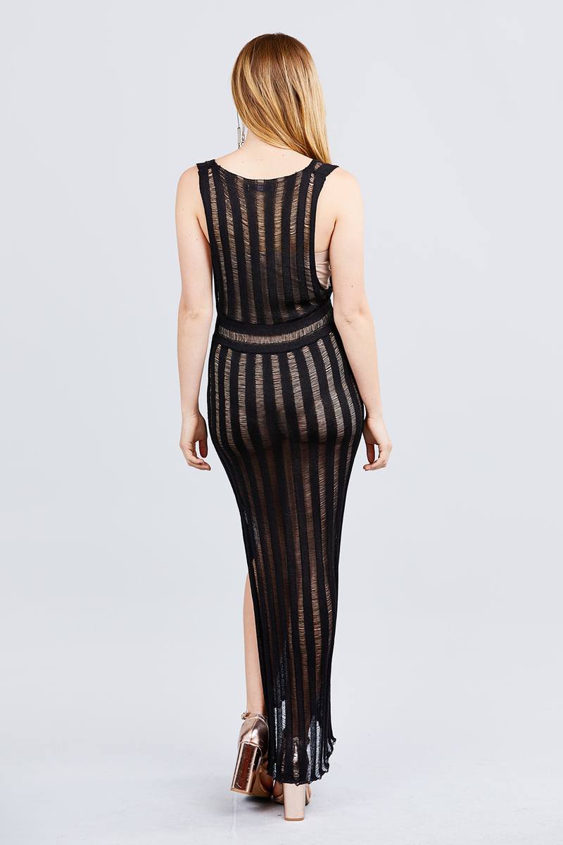 Sleeveless V-neck Side One Side Slit Long Knit Dress - A&A Haute Spot