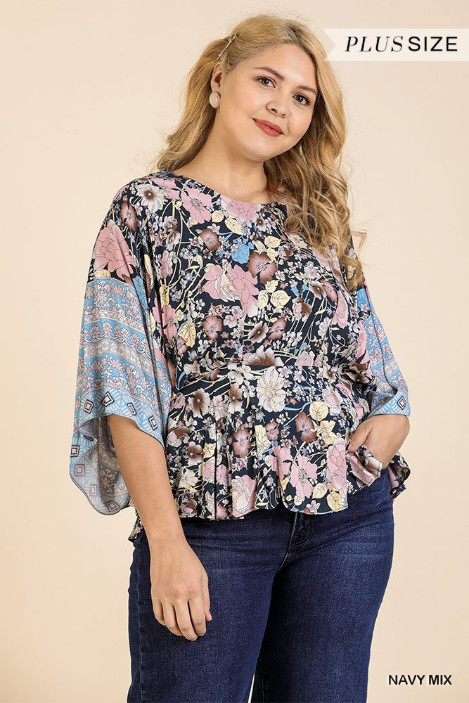 Floral Scarf Mixed Print Kimono Sleeve Round Neck Peplum Hem Top - A&A Haute Spot