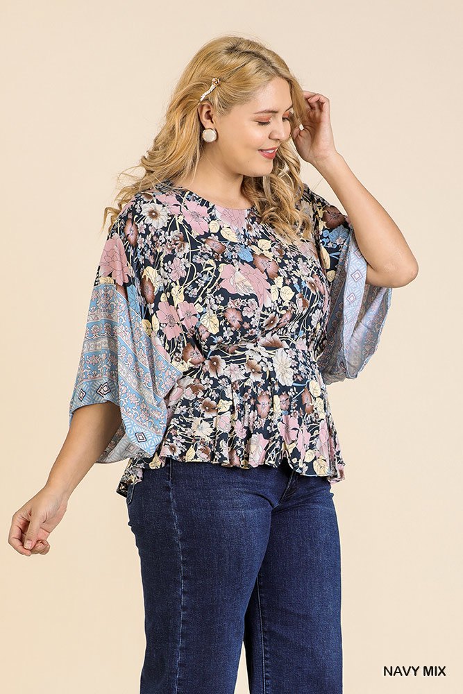 Floral Scarf Mixed Print Kimono Sleeve Round Neck Peplum Hem Top - A&A Haute Spot
