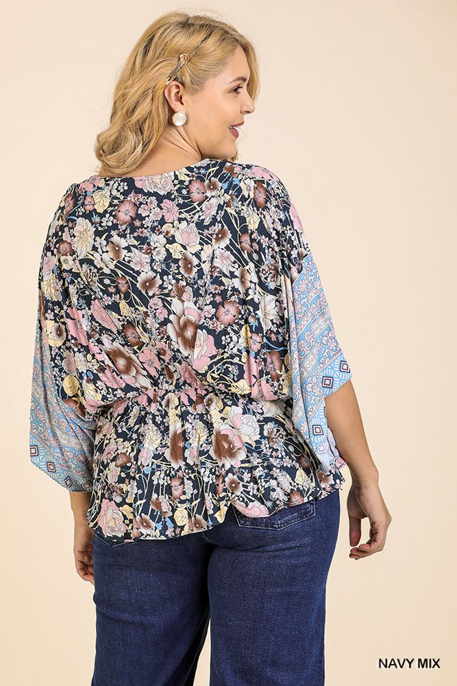 Floral Scarf Mixed Print Kimono Sleeve Round Neck Peplum Hem Top - A&A Haute Spot