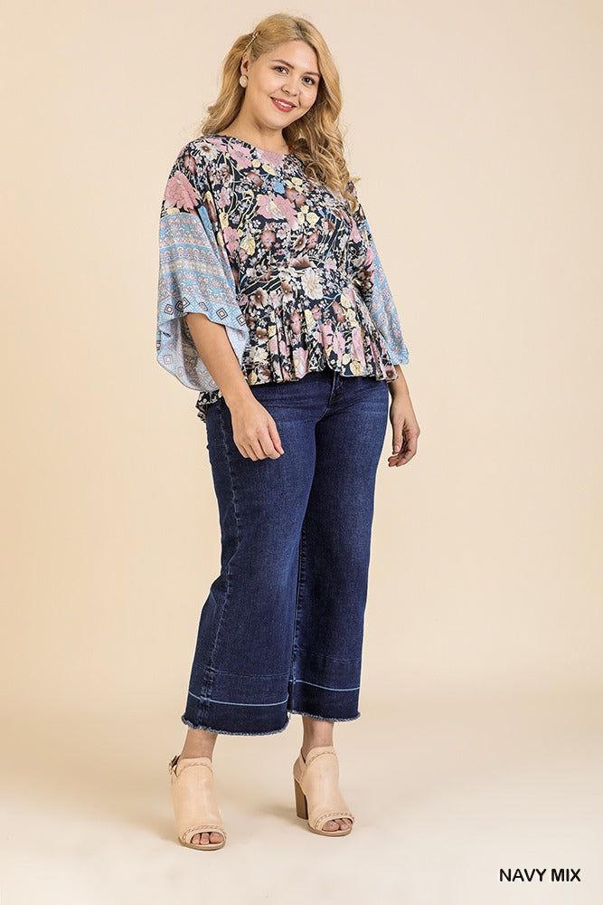 Floral Scarf Mixed Print Kimono Sleeve Round Neck Peplum Hem Top - A&A Haute Spot