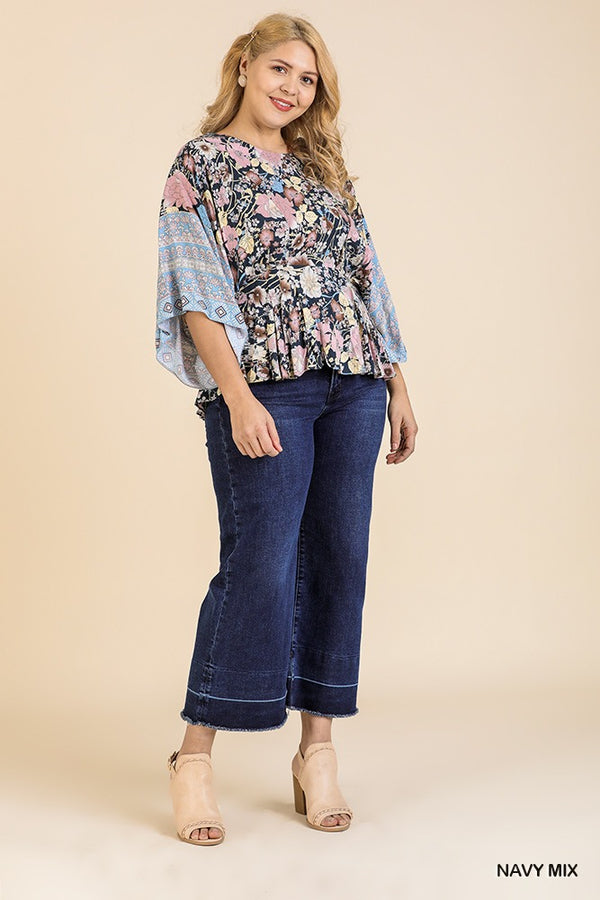 Floral Scarf Mixed Print Kimono Sleeve Round Neck Peplum Hem Top - A&A Haute Spot
