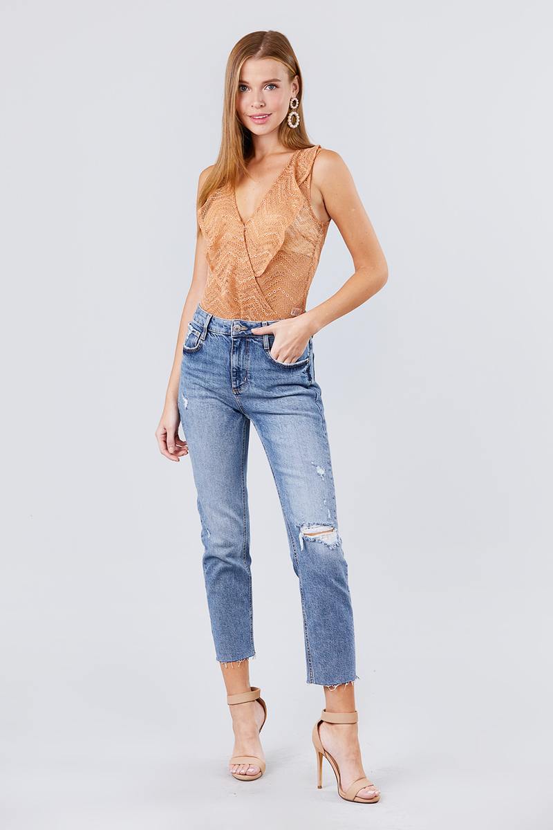 Sleeveless Surplice W/ruffle Lace Bodysuit - A&A Haute Spot