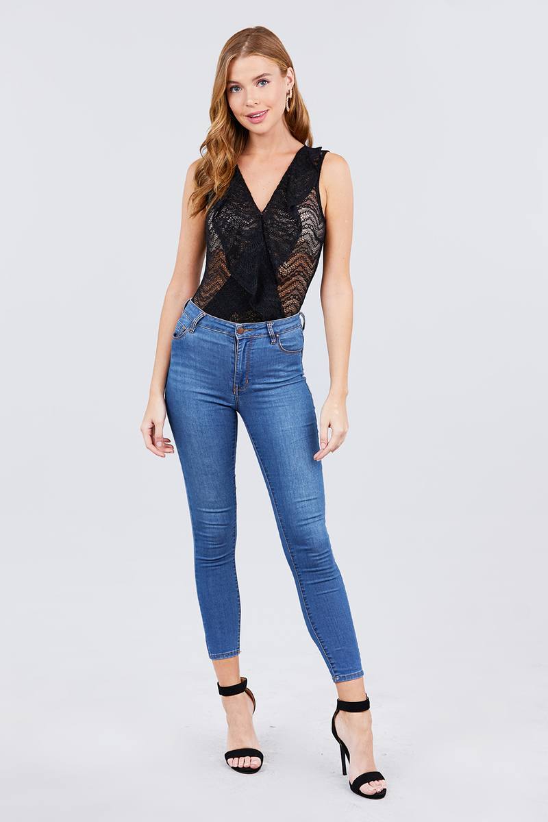 Sleeveless Surplice W/ruffle Lace Bodysuit - A&A Haute Spot