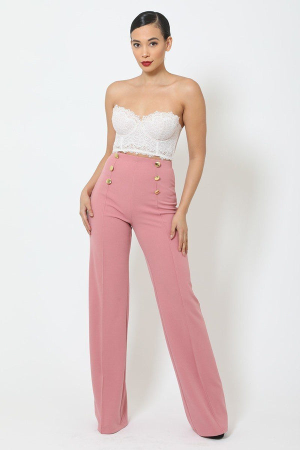 High-waist Crepe Pants With Buttons - A&A Haute Spot