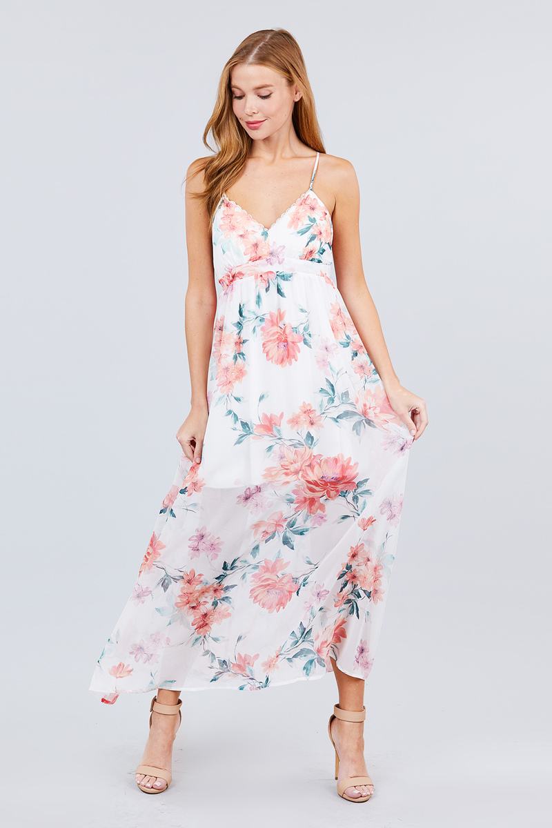 Deep V-neck W/cross Strap Print Maxi Dress - A&A Haute Spot