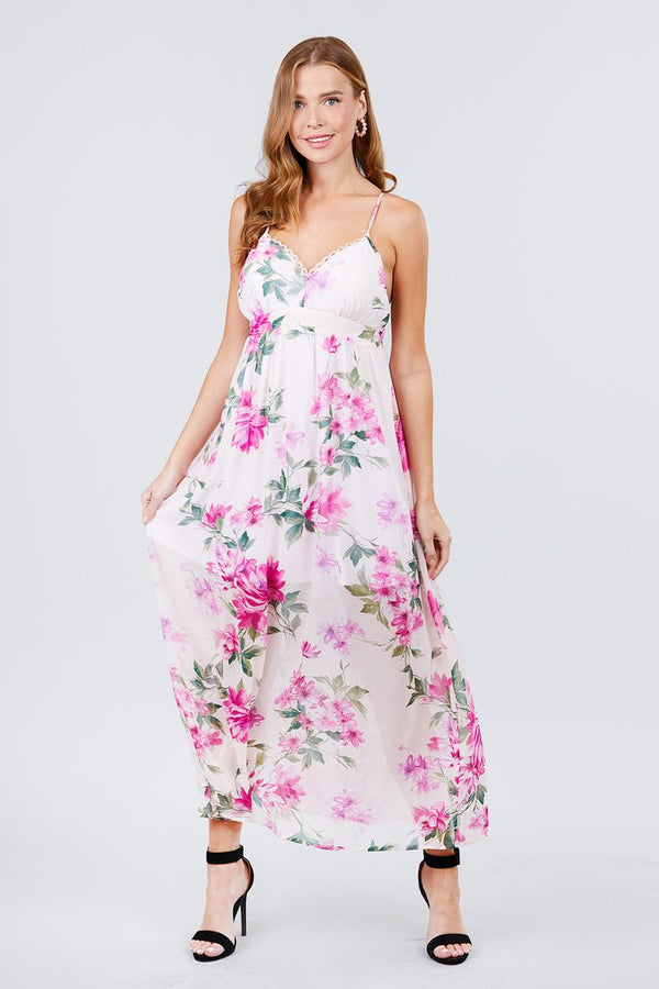 Deep V-neck W/cross Strap Print Maxi Dress - A&A Haute Spot