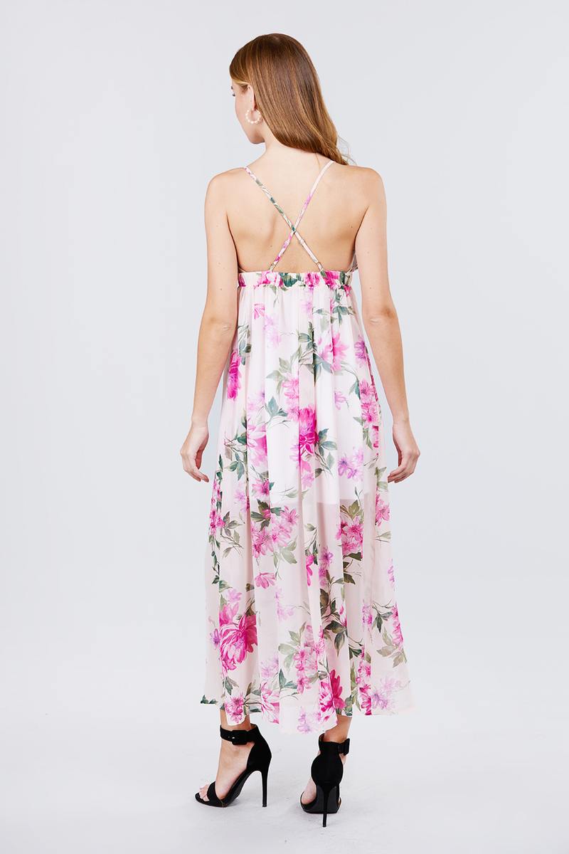 Deep V-neck W/cross Strap Print Maxi Dress - A&A Haute Spot
