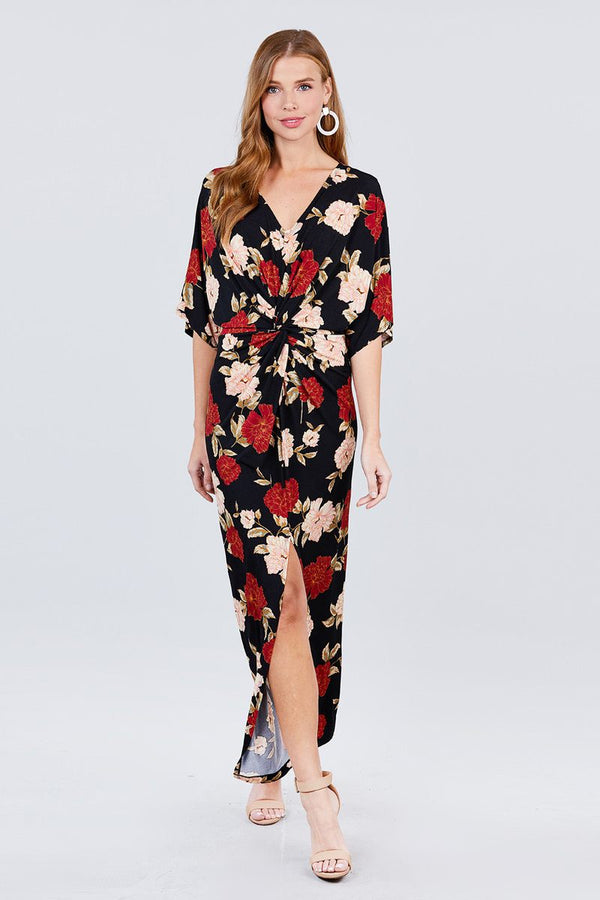 Short Dolman Sleeve V-neck Front Knot And Slit Print Knit Long Dress - A&A Haute Spot