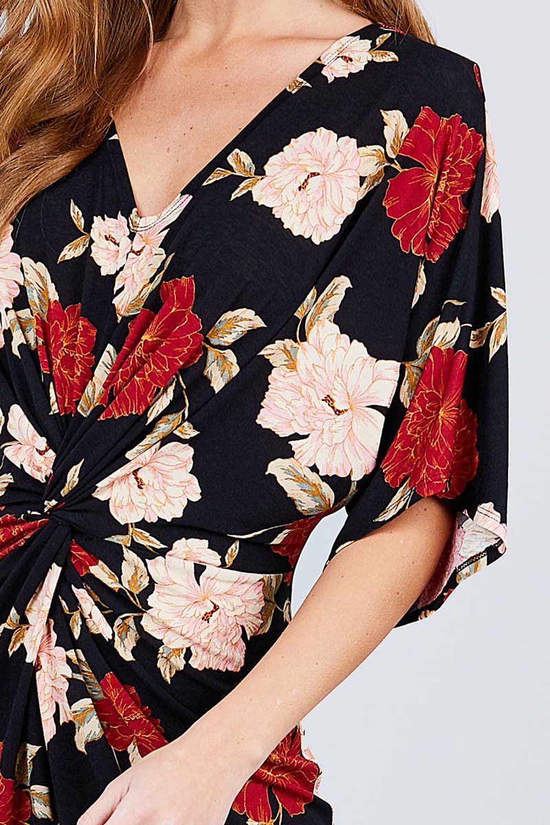 Short Dolman Sleeve V-neck Front Knot And Slit Print Knit Long Dress - A&A Haute Spot