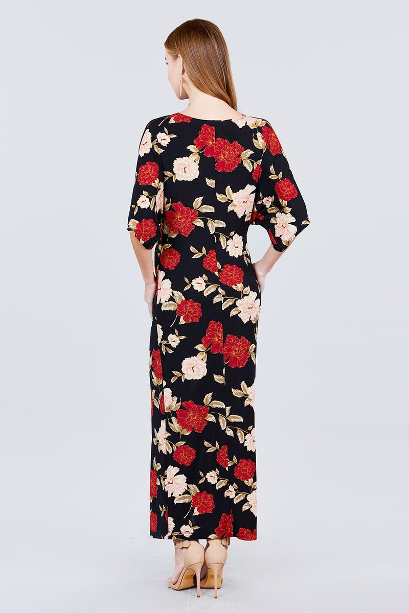 Short Dolman Sleeve V-neck Front Knot And Slit Print Knit Long Dress - A&A Haute Spot