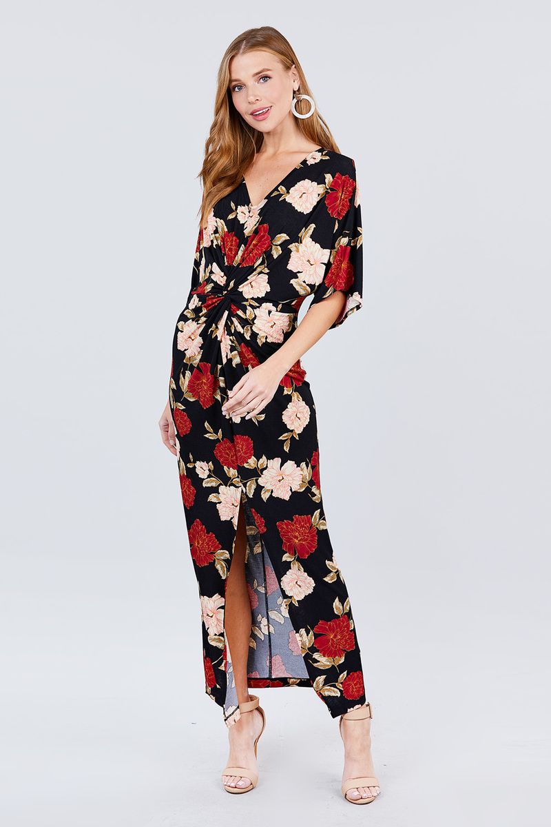 Short Dolman Sleeve V-neck Front Knot And Slit Print Knit Long Dress - A&A Haute Spot