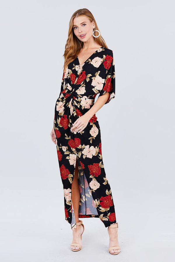 Short Dolman Sleeve V-neck Front Knot And Slit Print Knit Long Dress - A&A Haute Spot