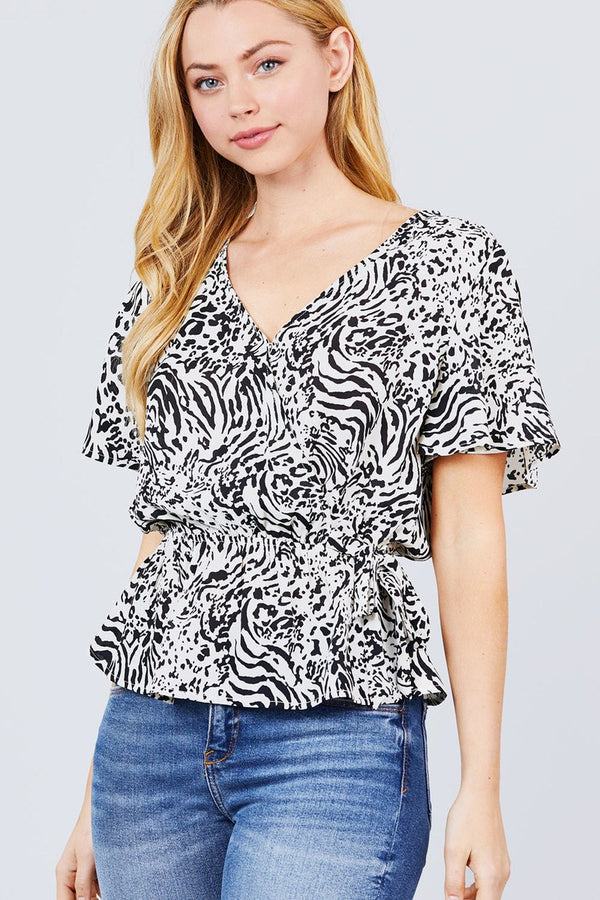 Ruffle Short Sleeve V-neck Surplice Side Ribbon Tie Woven Top - A&A Haute Spot
