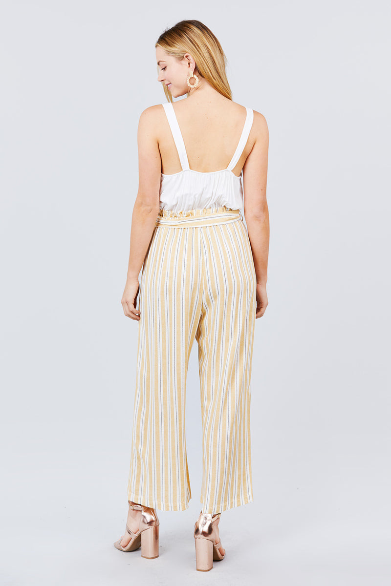 Straight Neck Waist Belted Stripe Long Jumpsuit - A&A Haute Spot