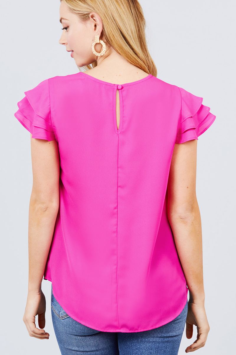 Short Cap Ruffle Sleeve Round Neck Woven Top - A&A Haute Spot