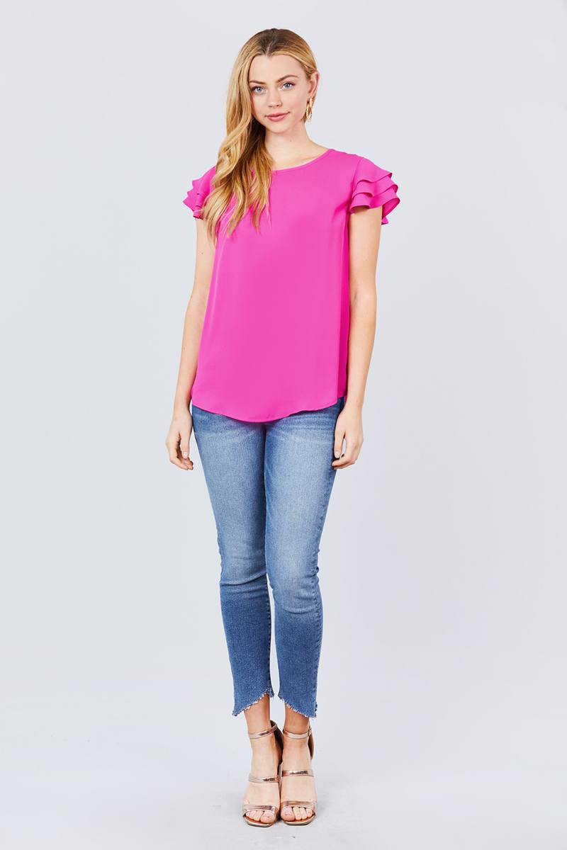 Short Cap Ruffle Sleeve Round Neck Woven Top - A&A Haute Spot