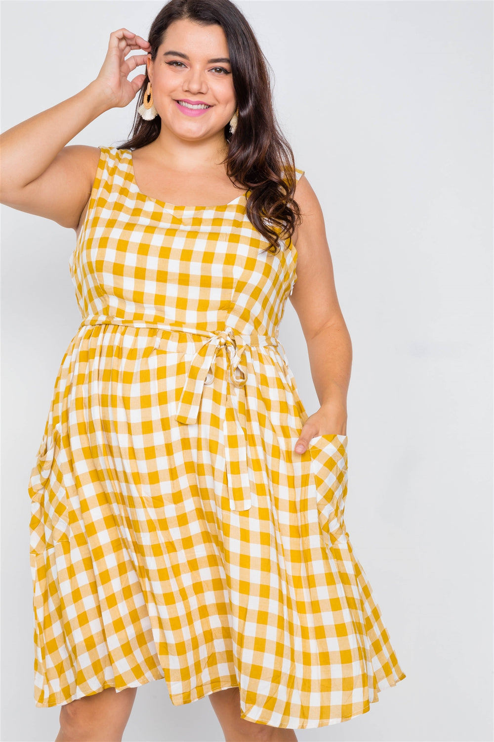 Plus Size Scoop Neck Side Pockets Checkered Gingham Midi Dres - A&A Haute Spot
