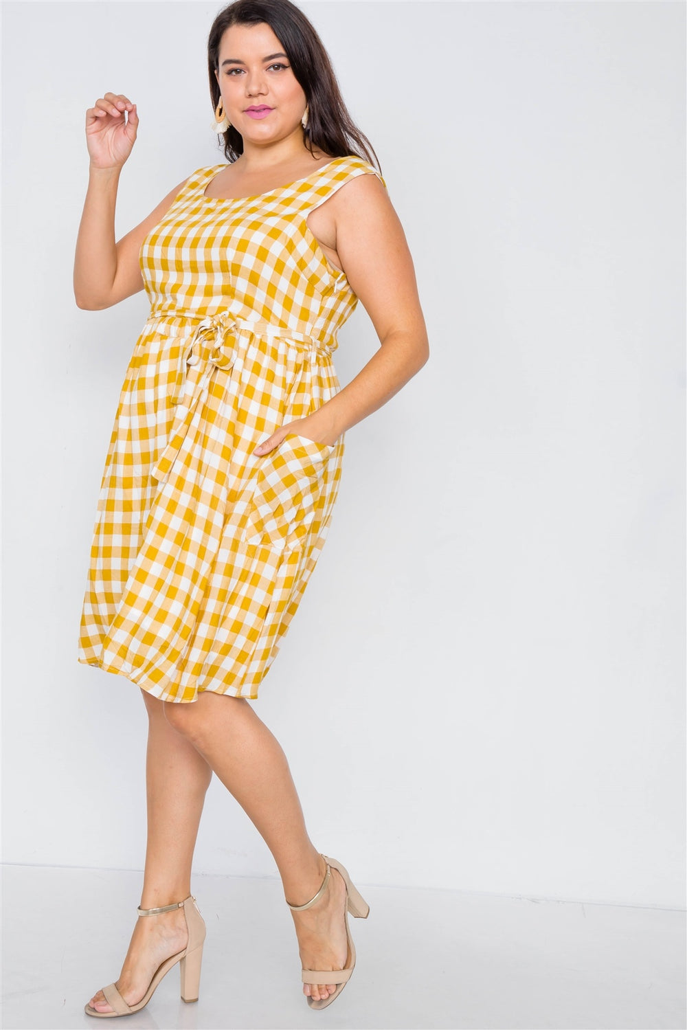 Plus Size Scoop Neck Side Pockets Checkered Gingham Midi Dres - A&A Haute Spot