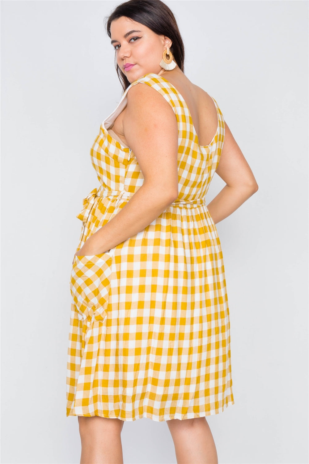 Plus Size Scoop Neck Side Pockets Checkered Gingham Midi Dres - A&A Haute Spot