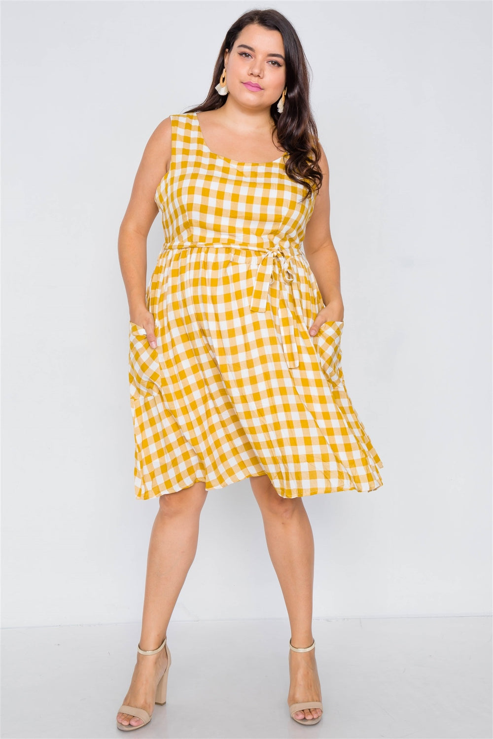 Plus Size Scoop Neck Side Pockets Checkered Gingham Midi Dres - A&A Haute Spot