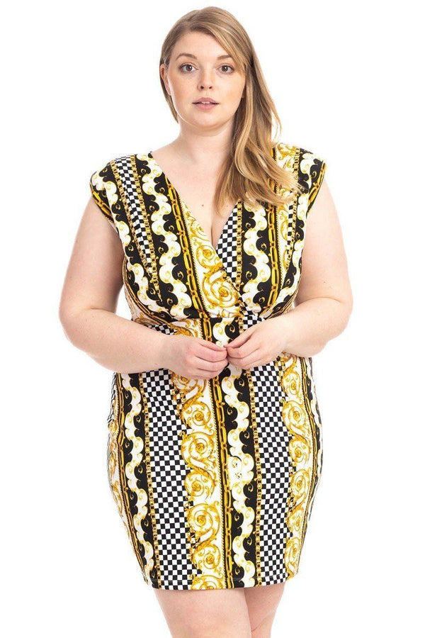 Plus Size Boarder Print  V-neck Bodycon Dress - A&A Haute Spot
