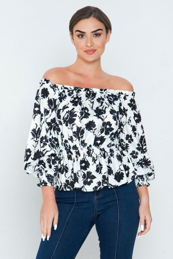 Long Sleeves Off Shoulder Neckline Printed Shirt - A&A Haute Spot