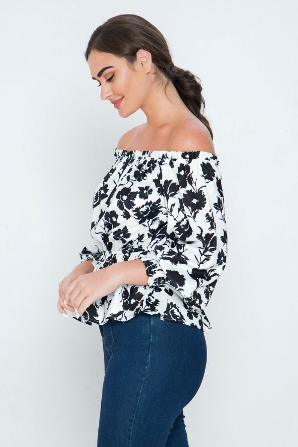 Long Sleeves Off Shoulder Neckline Printed Shirt - A&A Haute Spot