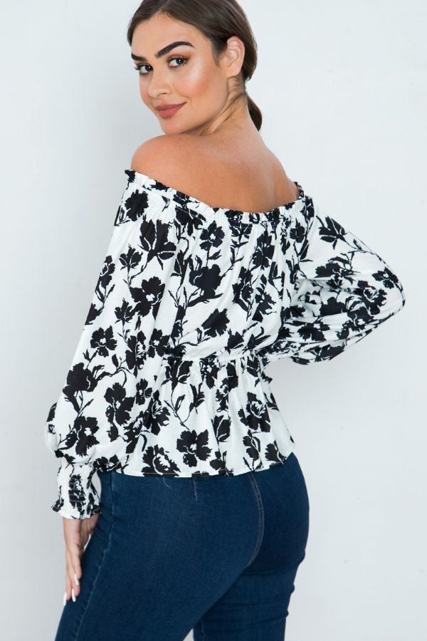 Long Sleeves Off Shoulder Neckline Printed Shirt - A&A Haute Spot