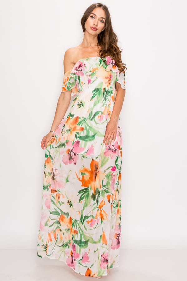 Floral Print Ruffled Off Shoulder Maxi Dress - A&A Haute Spot