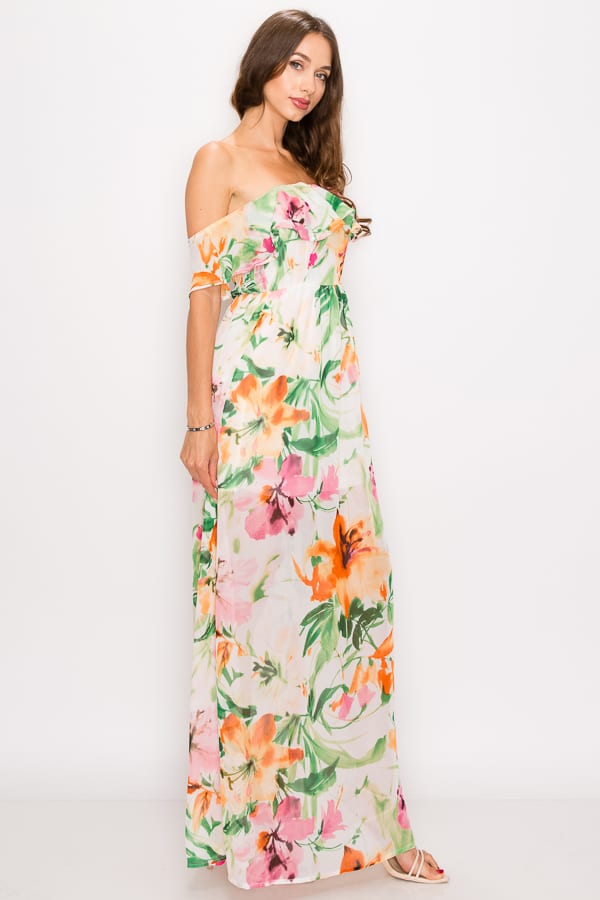 Floral Print Ruffled Off Shoulder Maxi Dress - A&A Haute Spot