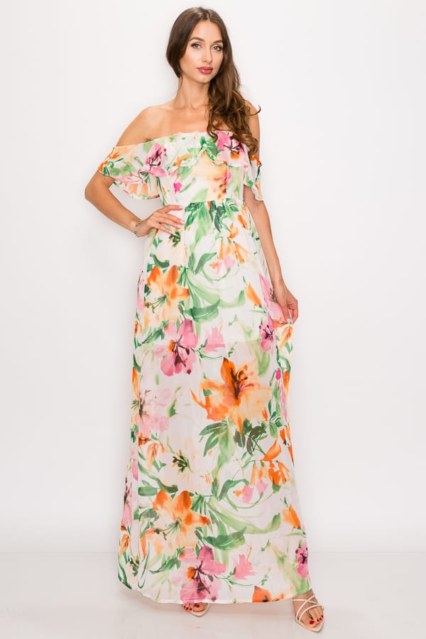 Floral Print Ruffled Off Shoulder Maxi Dress - A&A Haute Spot