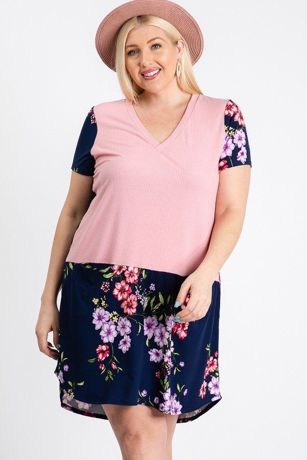 Short Sleeve Floral Blocked Midi Dress With Front Pocket - A&A Haute Spot