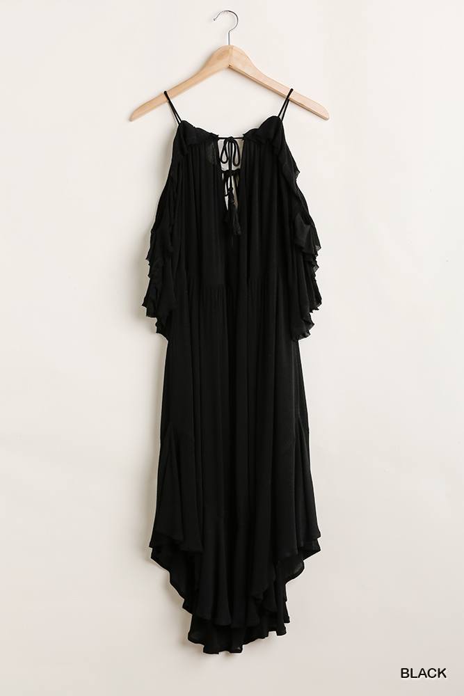 Ruffled Cold Shoulder Maxi Dress With Front Tassel Tie - A&A Haute Spot