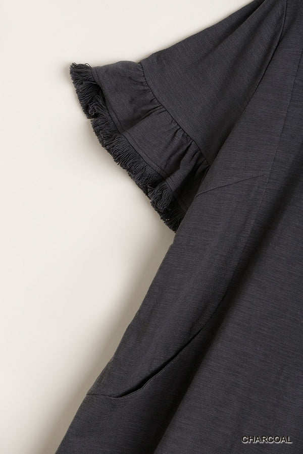 Short Ruffle Frayed Hem And Round Neck Dress With Pockets - A&A Haute Spot