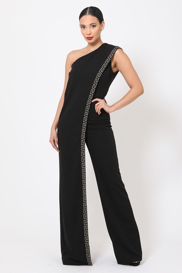 One Shoulder Greek Border Pattern Jumpsuit - A&A Haute Spot