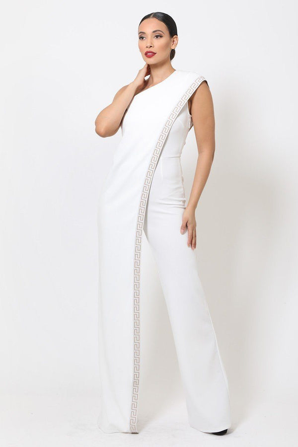 One Shoulder Greek Border Pattern Jumpsuit - A&A Haute Spot